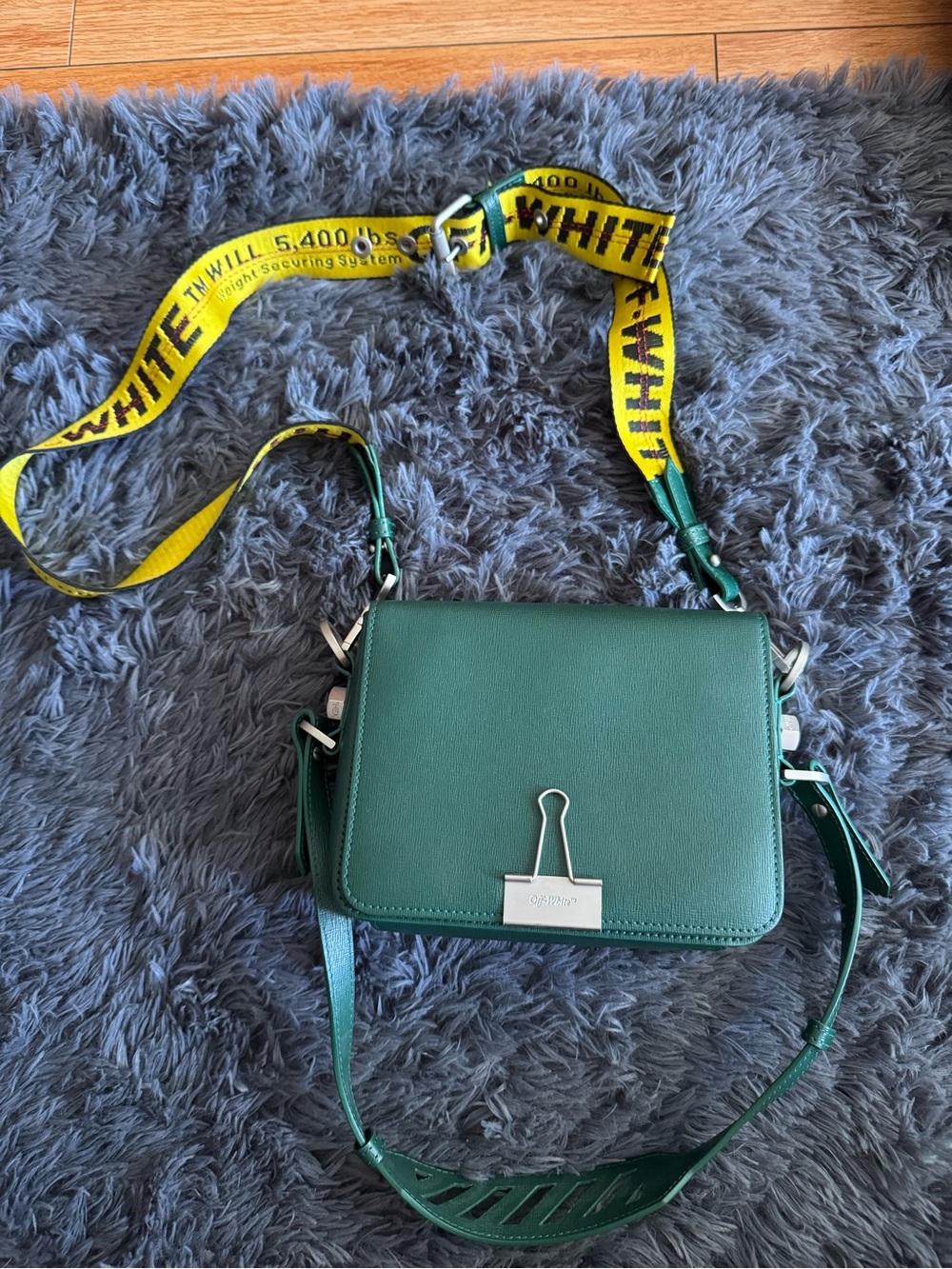 Off-White Green Leather Crossbody with Yellow Webbing Strap